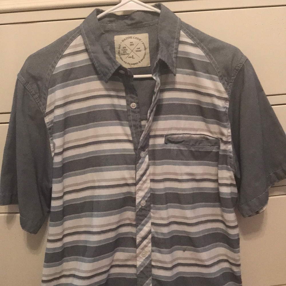 Blue and gray striped button down collared T-shirt